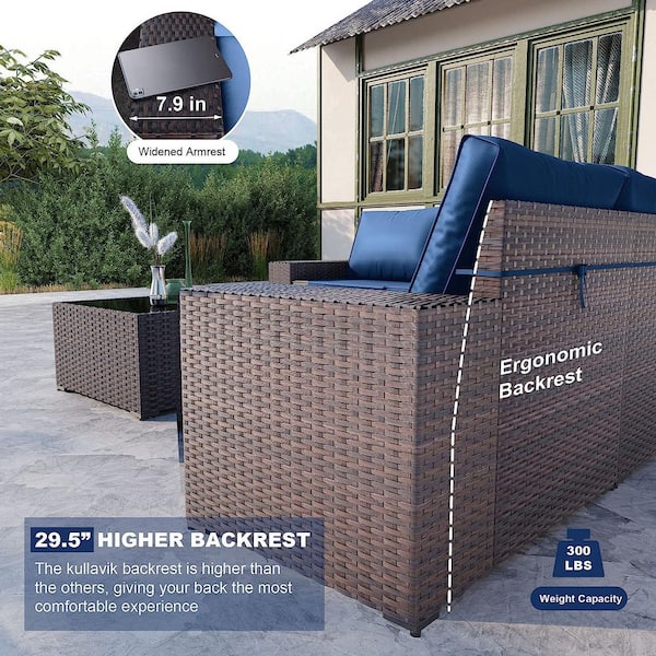 12-Piece Wicker Outdoor Sectional Set with Navy Cushion