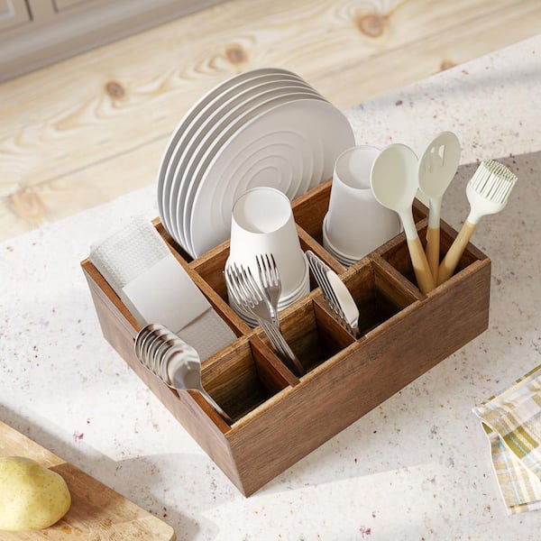 12.2 in. x 10.6 in. Brown Acacia Wood Silverware Caddy with Handle, 8-Compartment Multipurpose Organizer for Kitchen