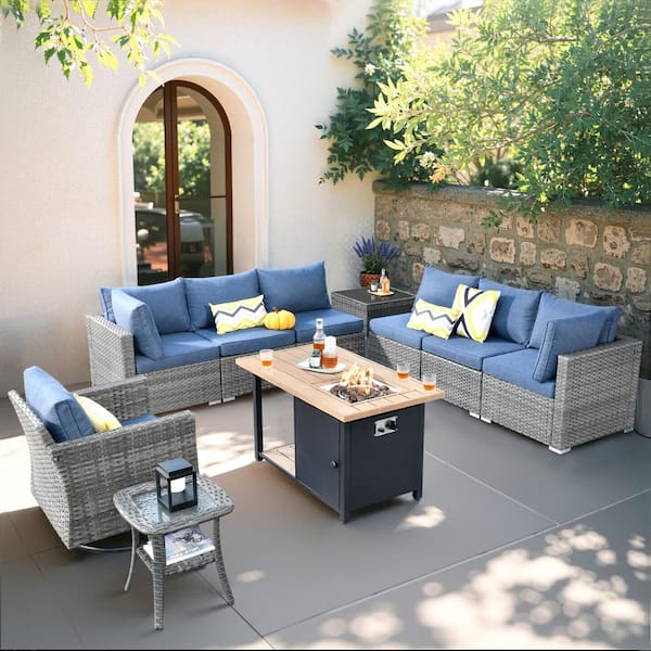HOOOWOOO Messi Gray 10-Piece Wicker Outdoor Fire Pit Patio Conversation Sofa Set with a Swivel Chair and Denim Blue Cushions