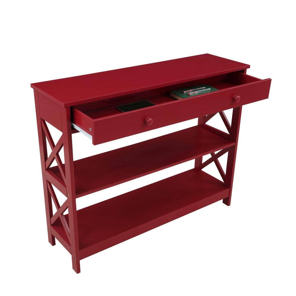Cranberry Red Wood Console Table with Storage Shelves