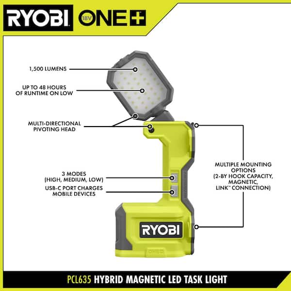 RYOBI ONE+ 18V Hybrid Cordless LED Magnetic Task Light (Tool Only