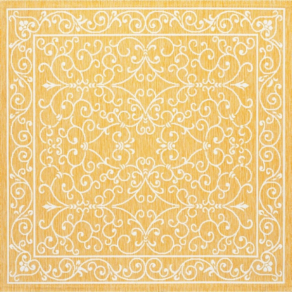 Charleston Vintage Filigree Textured Weave Yellow/Cream 5 ft. Square Indoor/Outdoor Area Rug