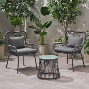 Southport Dark Grey 3-Piece Metal Patio Conversation Seating Set with Grey Cushions