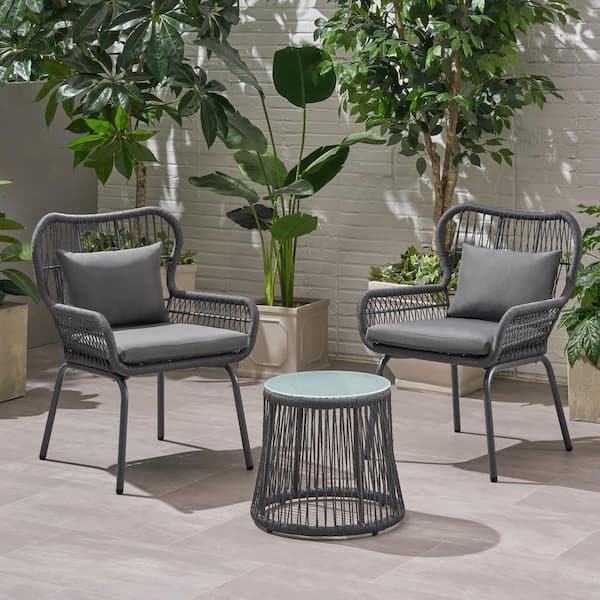 Noble House Southport Dark Grey 3-Piece Metal Patio Conversation Seating Set with Grey Cushions