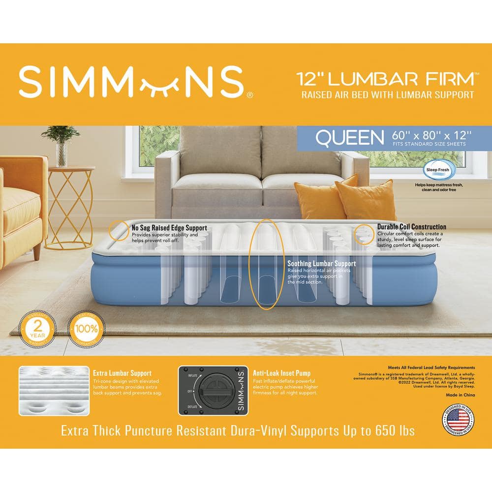 Queen White and Blue Raised Air Mattress with Built-in Pump