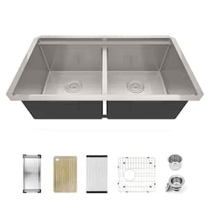 304 Stainless Steel 16 Gauge 33 in. Double Bowl Undermount Workstation Kitchen Sink with Accessories