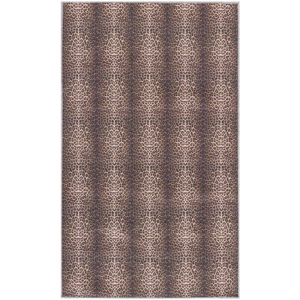 Leopard Print Brown and Beige Rectangular Washable Area Rug