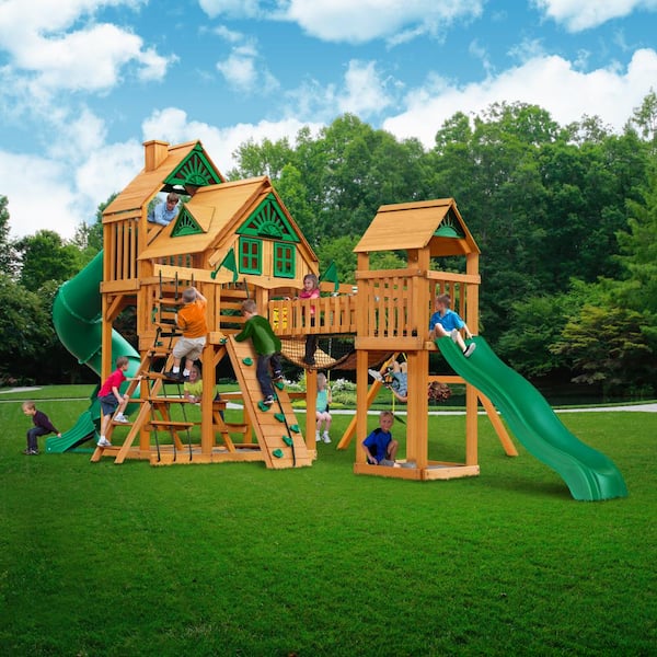 Gorilla Playsets Treasure Trove I Treehouse Wooden Outdoor Playset With 2  Slides, Clatter Bridge, And Backyard Swing Set Accessories 01-1037-Ap - The  Home Depot