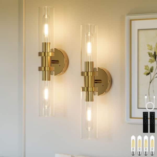 16.5 in. 2-Light Brushed Gold Rechargeable Battery Operated Wall Sconce(Set of 2) Luxury Dimmable LED Bedroom Wall Light