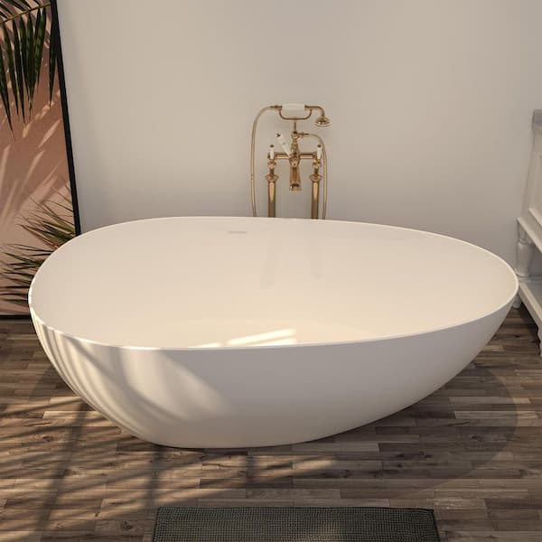 71 in. x 35 in. Stone Resin Flatbottom Freestanding Soaking Bathtub with Overflow and Drain Included in White