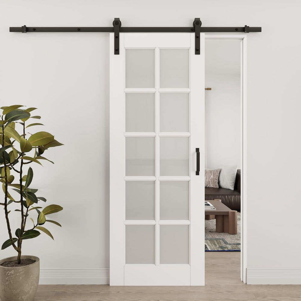 28 in. x 80 in. 10 Lite Tempered Frosted Glass White Primed MDF Sliding Barn Door with Hardware Kit and Soft Close price history on PriceWatchPro