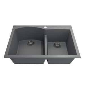 Campino Duo Concrete Gray Granite Composite 33 in. 60/40 Double Bowl Drop-In/Undermount Kitchen Sink with Strainers
