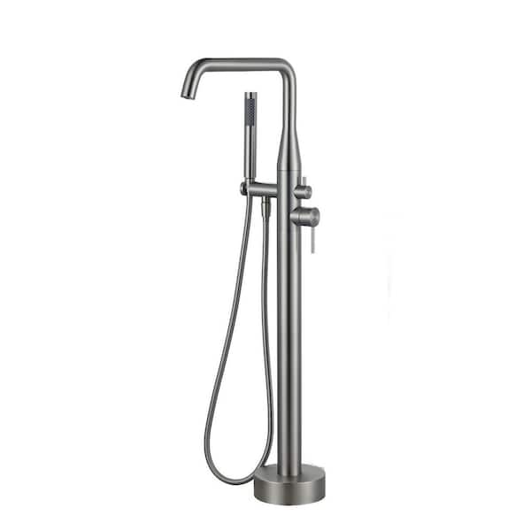 Double Handle Floor Mounted Freestanding Tub Faucet with Handheld Shower in Brushed Nickel
