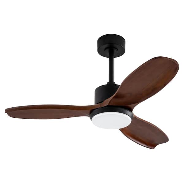 42 in. Modern Black Solid Wood Brown Downrod Mount Standard Ceiling Fan with 3-Color Dimmable LED Light and Remote