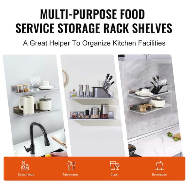 VEVOR Stainless Steel Shelf 24 in. x 8.6 in. Wall Mounted Floating Shelving with Brackets Pantry Organizers, Silver