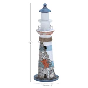 6 in. x 16 in. Blue Wood Light House Sculpture with Netting