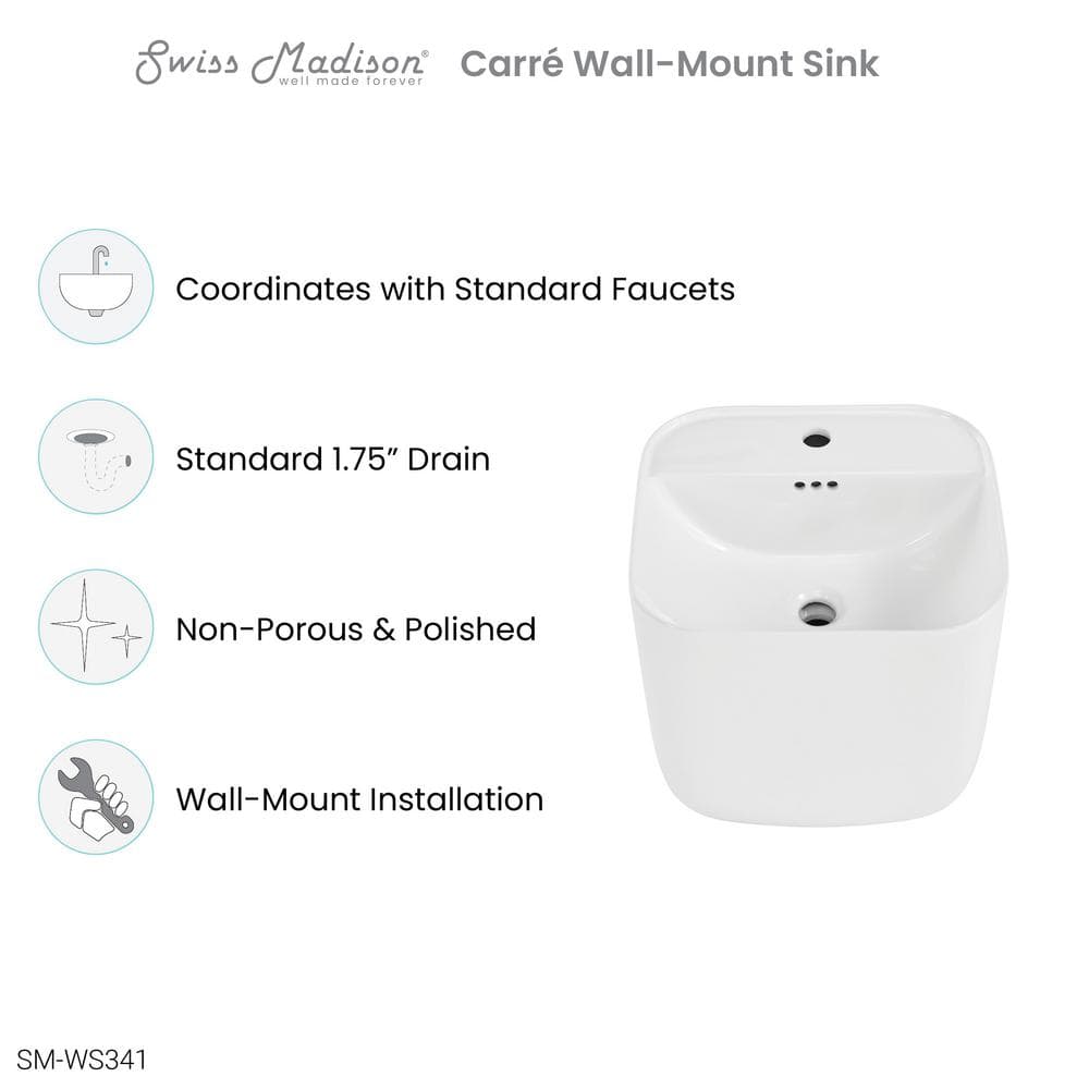 Carre 18" White Ceramic Wall-Mount Bathroom Sink