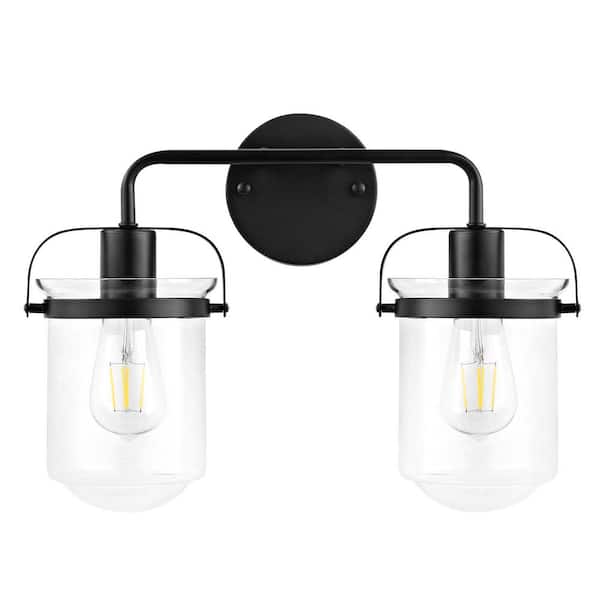16 in. 2-Light Black Bathroom Vanity Light with Clear Glass Shades