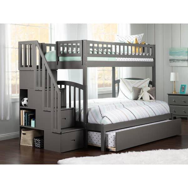 Westbrook Staircase Bunk Twin over Full with Full Size Urban Trundle Bed in Grey