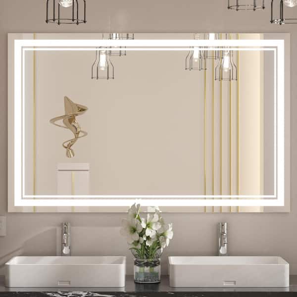 55 in. W x 36 in. H Rectangular Frameless Anti-Fog LED Wall Mount Bathroom Vanity Mirror Dimmable Super Bright