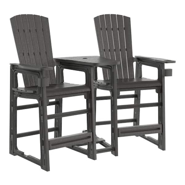 Coastline Outdoor Patio All Weather Poly Plastic Bar Chair Set w/ Connecting Tray and Cup Holder, Gray