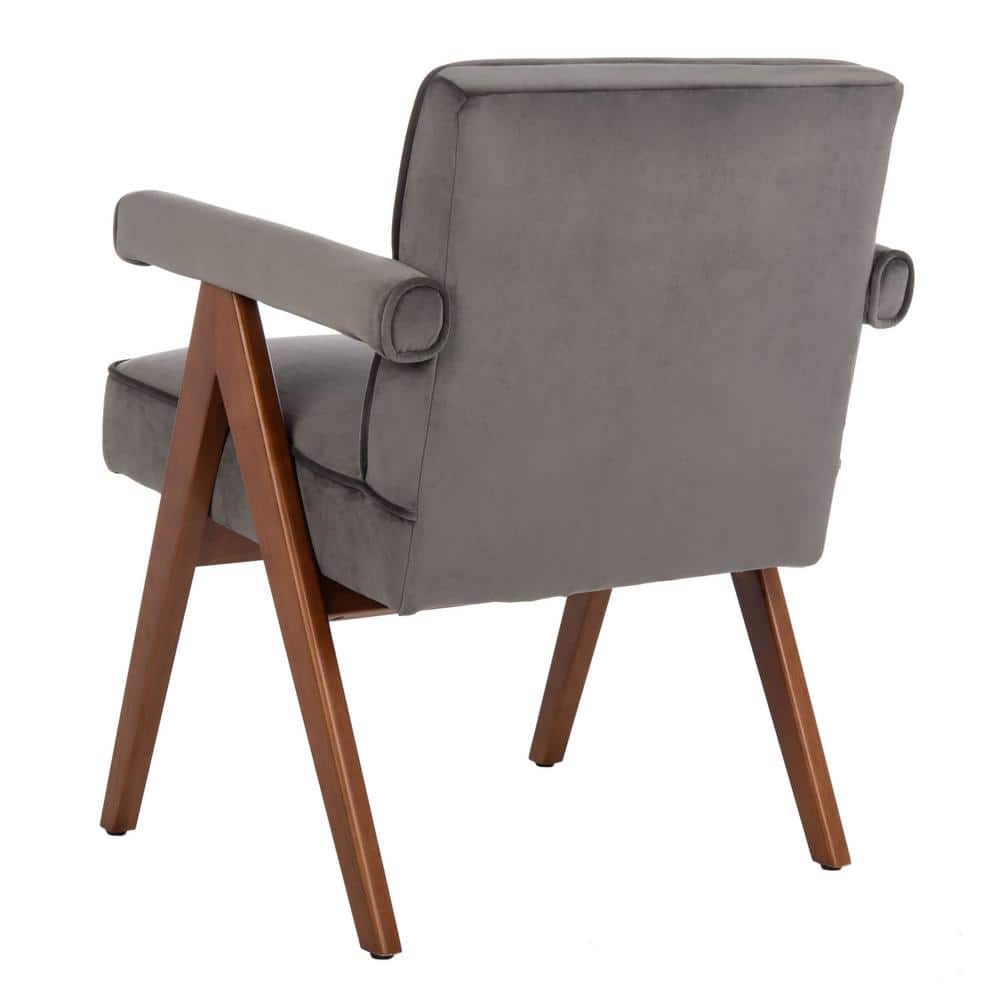 Dark Grey Velvet and Walnut Mid-Century Accent Chair