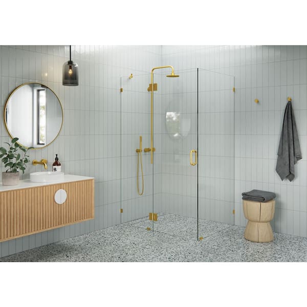 48 in. W x 36 in. D x 78 in. H Pivot Frameless Corner Shower Enclosure in Satin Brass Finish with Clear Glass