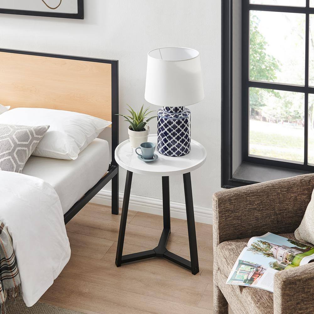 Harper Round White Marble and Black Metal Side Table