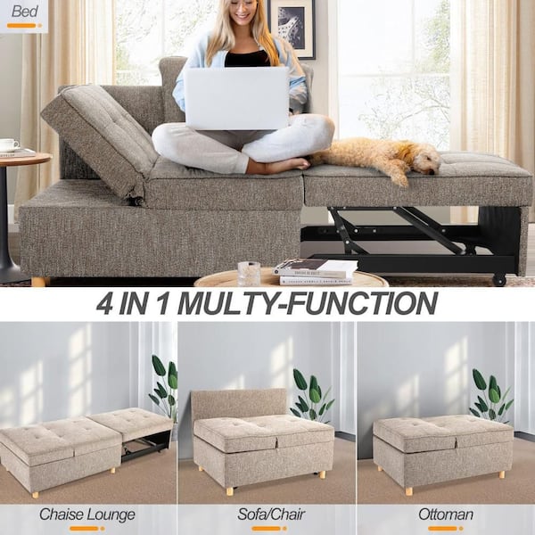 HOMDOX 71 in. Brown Grey 4-in-1 Convertible Chair Bed, 3-Seat Linen Fabric loveseat Sofa, Sofa Bed with 5 Adjustable Backrest