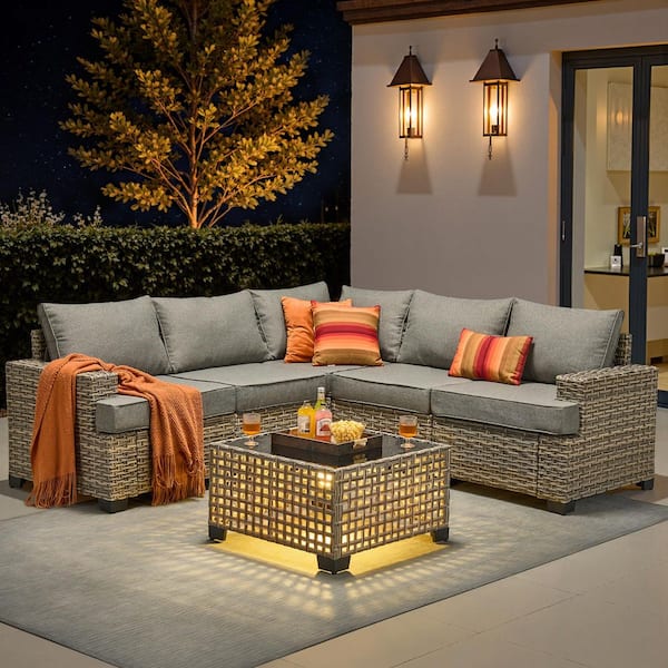 Ulrica 6-Piece Wicker Outdoor Sectional Set with Dark Gray Cushions