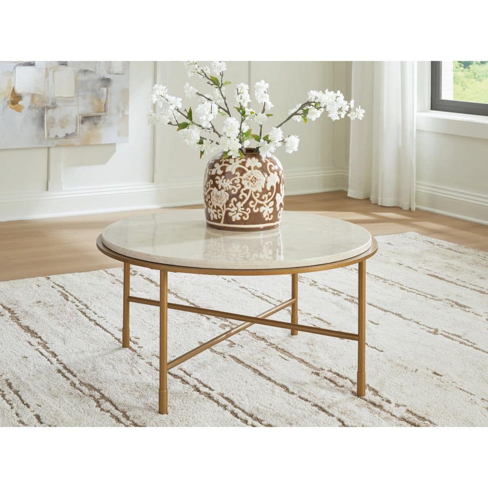 Alben 36 in. Beige/Antique Gold Round Marble Coffee Table with Antiqued Metal Frame price history on PriceWatchPro