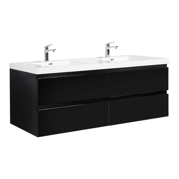 Boosicavelly 72 in. W x 20 in. D x 22 in. H Wall-Mounted Bath Vanity in Black with Glossy White Cultured Marble Top