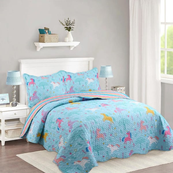 MarCielo A83 Sky Blue Unicorn Full Size Polyester Quilt Bedspread Set Throw Blanket