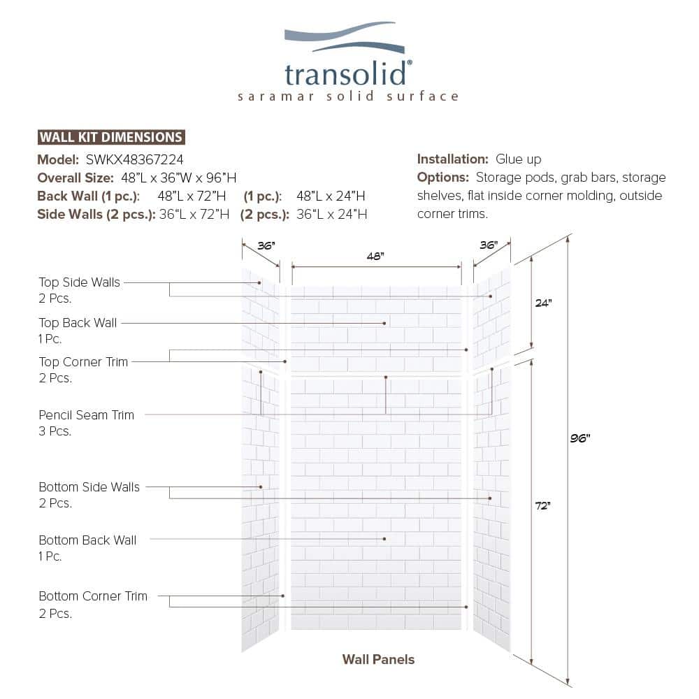 SaraMar White Subway Tile 48" x 96" Shower Wall Kit