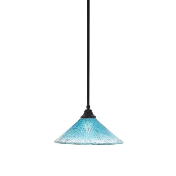 Unbranded Sparta 100-Watt 1-Light Espresso Stem Pendant Light with Teal Crystal Glass and Light Bulb Not Included