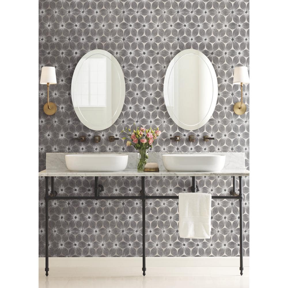 White and Silver Vinyl-Coated Floral Wallpaper