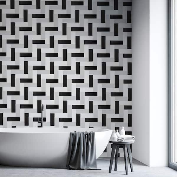 2 in. x 8 in. Herringbone White and Black 11.125 in. x 15.25 in. Matte Ceramic Mosaic Tile (8.25 sq. ft. /Case)