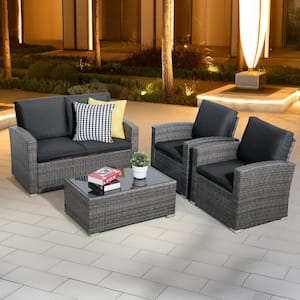 Joivi 4-Piece Grey Wicker Outdoor Conversation Set with Dark Grey Cushions