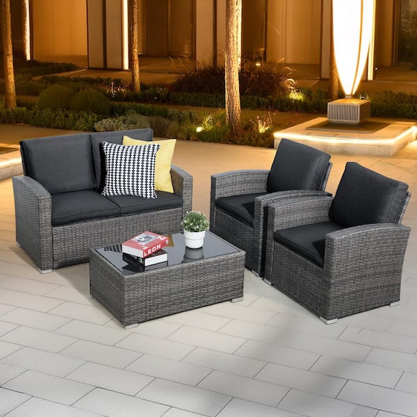 4-Piece Grey Wicker Outdoor Conversation Set with Coffee Table, Dark Grey Cushions
