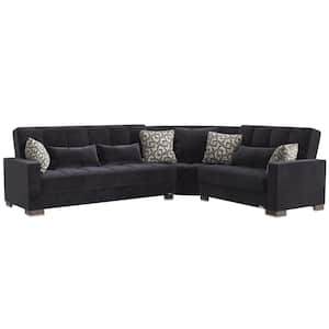 Basics Collection 3-Piece 108.7 in. Microfiber Convertible Sofa Bed Sectional 6-Seater With Storage, Black