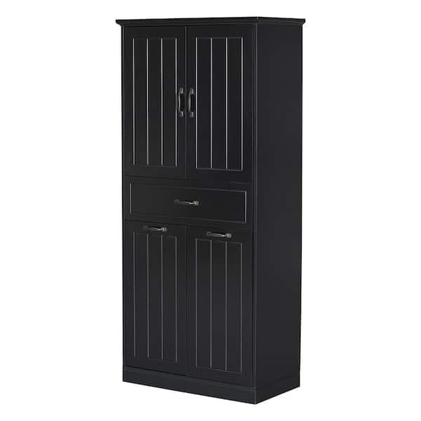 29.9 in. W x 15.7 in. D x 65.8 in. H Black Linen Cabinet with 2 Doors, Drawer and 2 Laundry Baskets for Bathroom