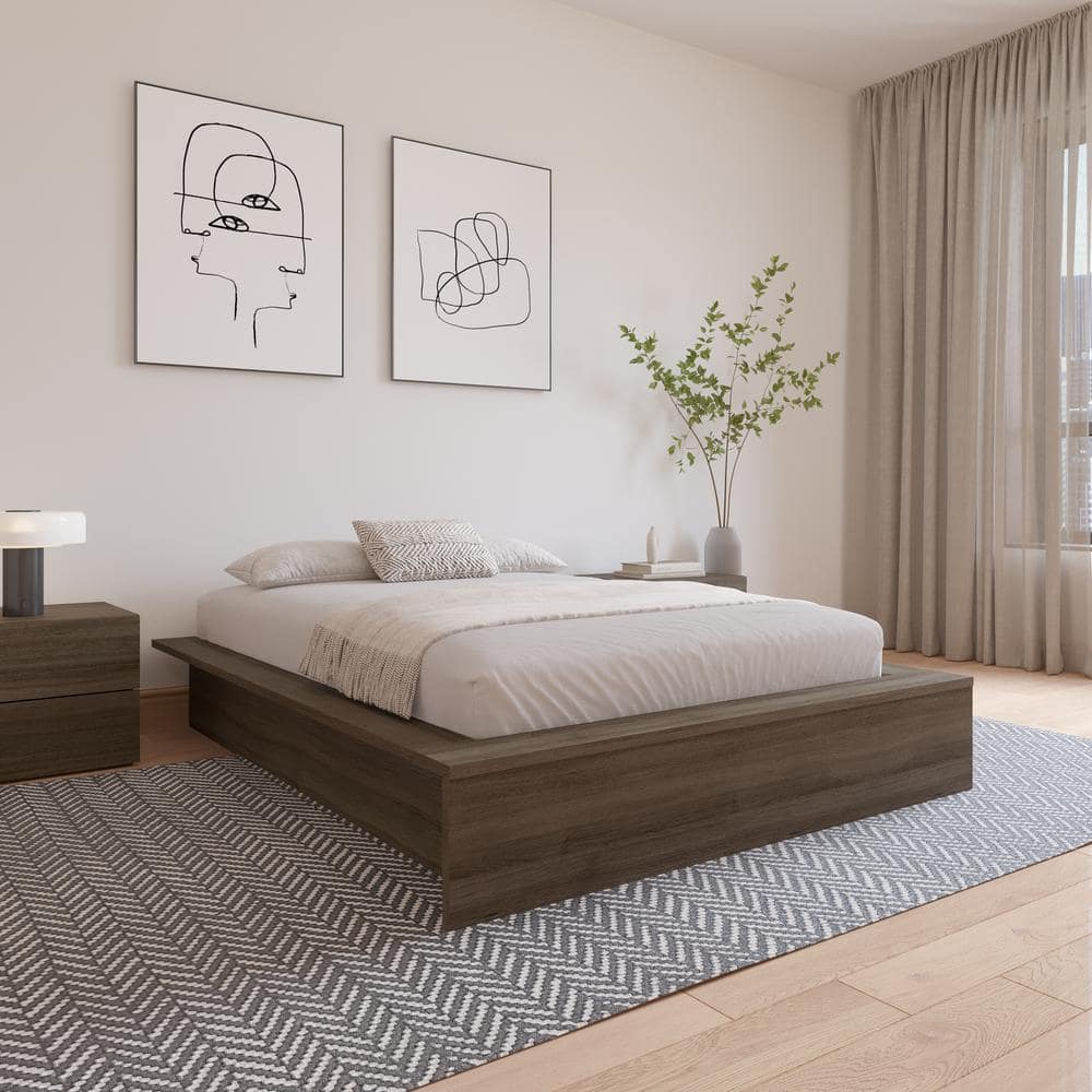 Gray Full Size Engineered Wood Upholstered Platform Bed with Drawer