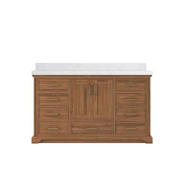 Willow Collections Charlotte Teak 60 in. W x 22 in. D x 36 in. H Single Sink Bath Vanity in Dark Natural with 2 in. Carrara Quartz Top