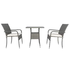 3-Piece Grey Wicker Outdoor Conversation Set with White Cushion