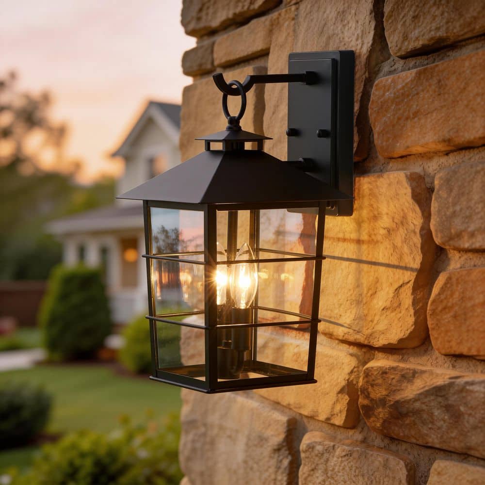 KAWOTI 15.5 in. 2-Light Sandy Black Hardwired Outdoor Wall Lantern ...