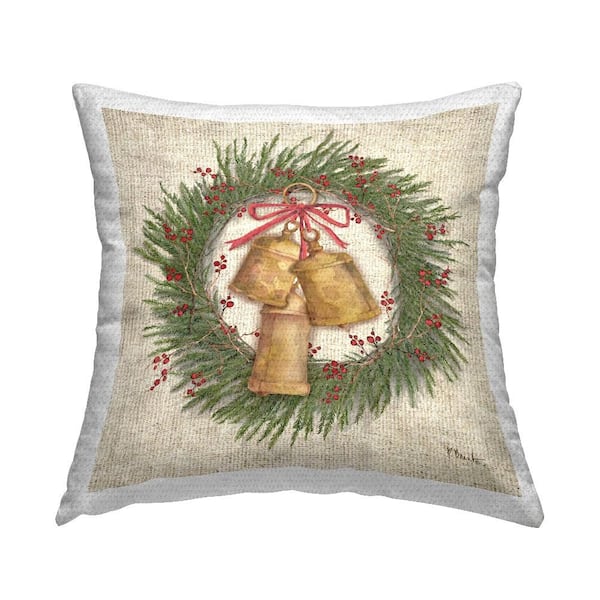 Stupell Industries Festive Bells Wreath Green Square Outdoor Throw Pillow