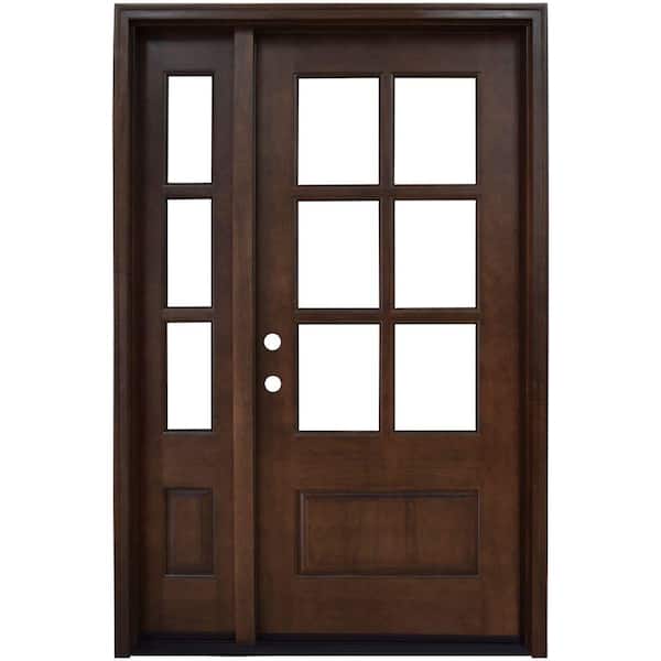 Steves & Sons 54 in. x 80 in. Savannah Clear 6 Lite RHIS Mahogany Stained Wood Prehung Front Door with Single 14 in. Sidelite