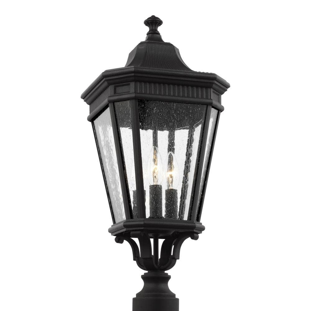 Verdae Black Three-Light Post Lantern with Clear Seeded Glass