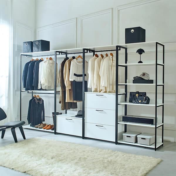 Klair Living Fiona 143 in. W White Freestanding Walk in Wood Closet System with Metal Frame