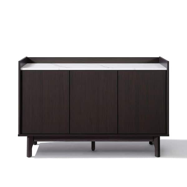 Modi Wenge Brown Faux Marble Top Sideboard Buffet Cabinet with 3 Doors, Raised Sides, Manufactured Wood